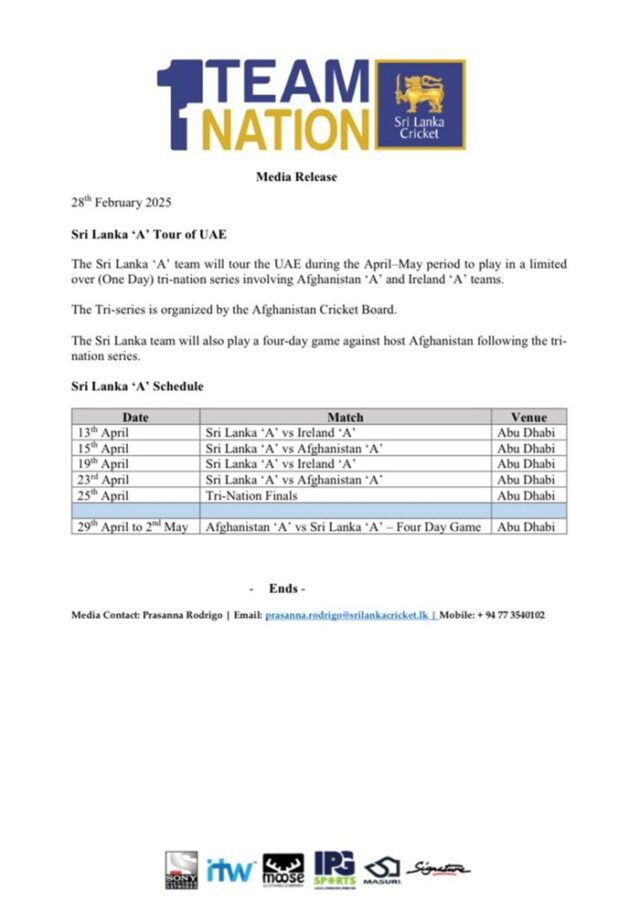 News Room : Sri Lanka ‘A’ Tri-Series in UAE: Schedule