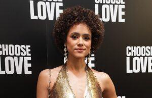 News Room : Nathalie Emmanuel wows in a plunging gold sequin jumpsuit as she joins Ashley James on the red carpet at Choose Love’s 10th anniversary bash