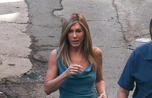 News Room : Jennifer Aniston looks tan and fit wearing a blue gown on the set of The Morning Show season five