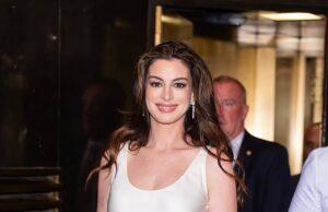 News Room : Pregnant Anne Hathaway, 43, glows in silk dress as she heads to Late Night with Seth Meyers in NY
