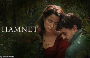 News Room : BRIAN VINER reviews Hamnet: Give Jessie an Oscar! Buckley turns in a tour de force as Shakespeare’s grieving wife in this deeply soulful weepie… Two actors in a lush garden setting for the production "Hamnet" with a contemplative mood.