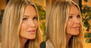 Blonde woman in interview, close-up shot, warm indoor background.