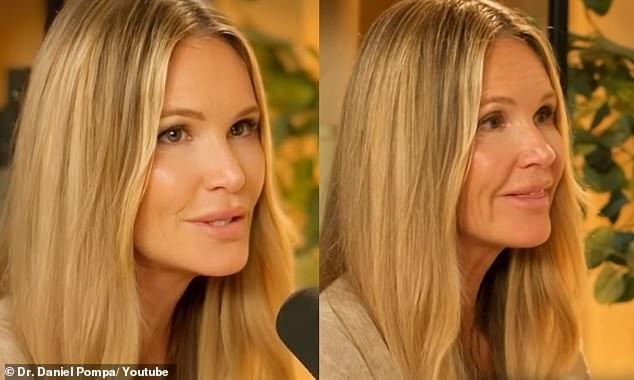 News Room : Elle Macpherson, 61, suffers an embarrassing airbrushing Blonde woman in interview, close-up shot, warm indoor background.