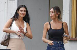 News Room : Ladies who lunch! My Kitchen Rules star Zana Pali wears $43,000 worth of accessories as she dines at popular French eatery in Melbourne before speeding off in her $450,000 Porsche Women having conversation outside a building in casual attire, one gesturing with her hand.