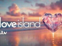 Heart-shaped gem on a beach at sunset, promoting Love Island TV series.