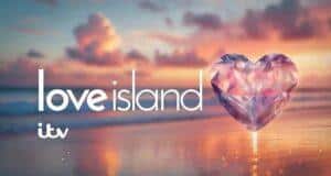 Heart-shaped gem on a beach at sunset, promoting Love Island TV series.